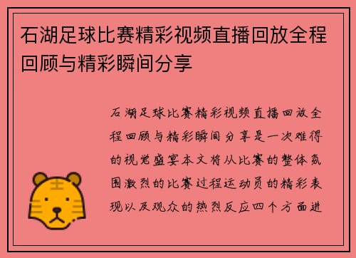 石湖足球比赛精彩视频直播回放全程回顾与精彩瞬间分享