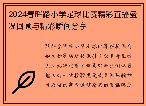 2024春晖路小学足球比赛精彩直播盛况回顾与精彩瞬间分享