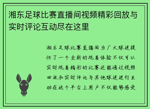 湘东足球比赛直播间视频精彩回放与实时评论互动尽在这里